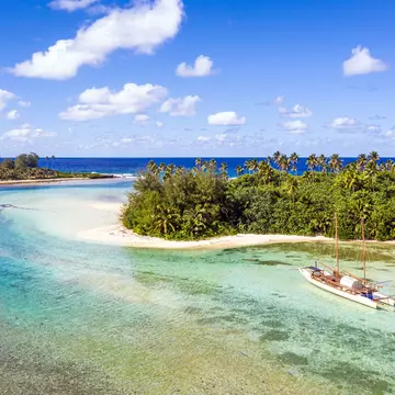 Sailboat in a lagoon next to trees