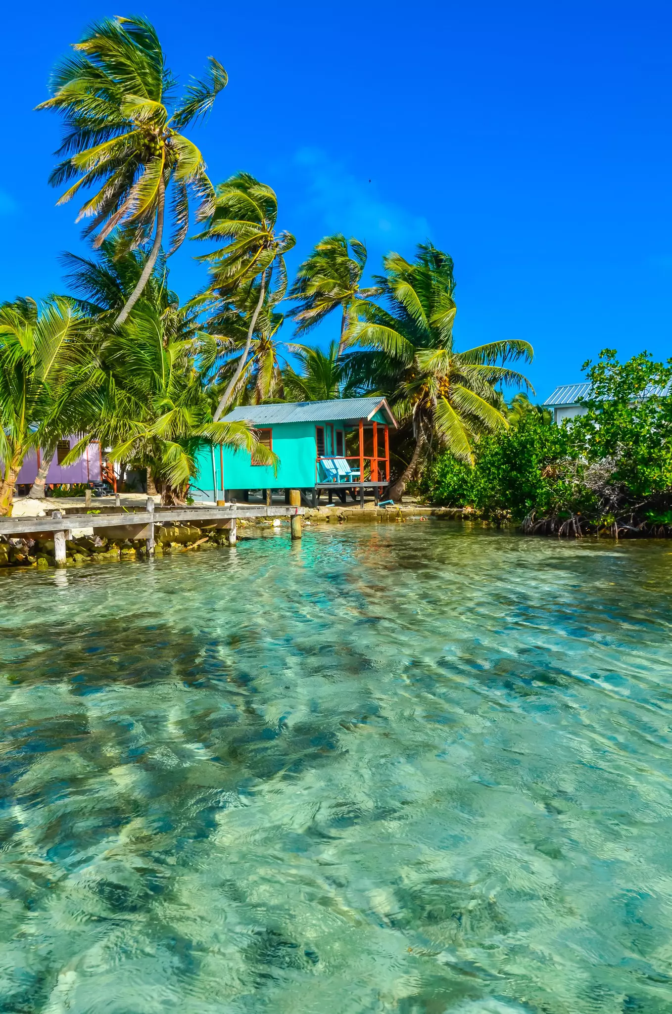 A small but colorful overwater bungalow on Tobacco Caye in Belize. Clear turquoise waters and blue skies above. 