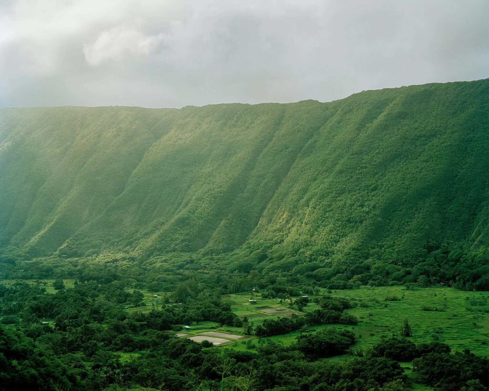 Misty clouds and sunlight spill over a green ridge on Hawai'i.