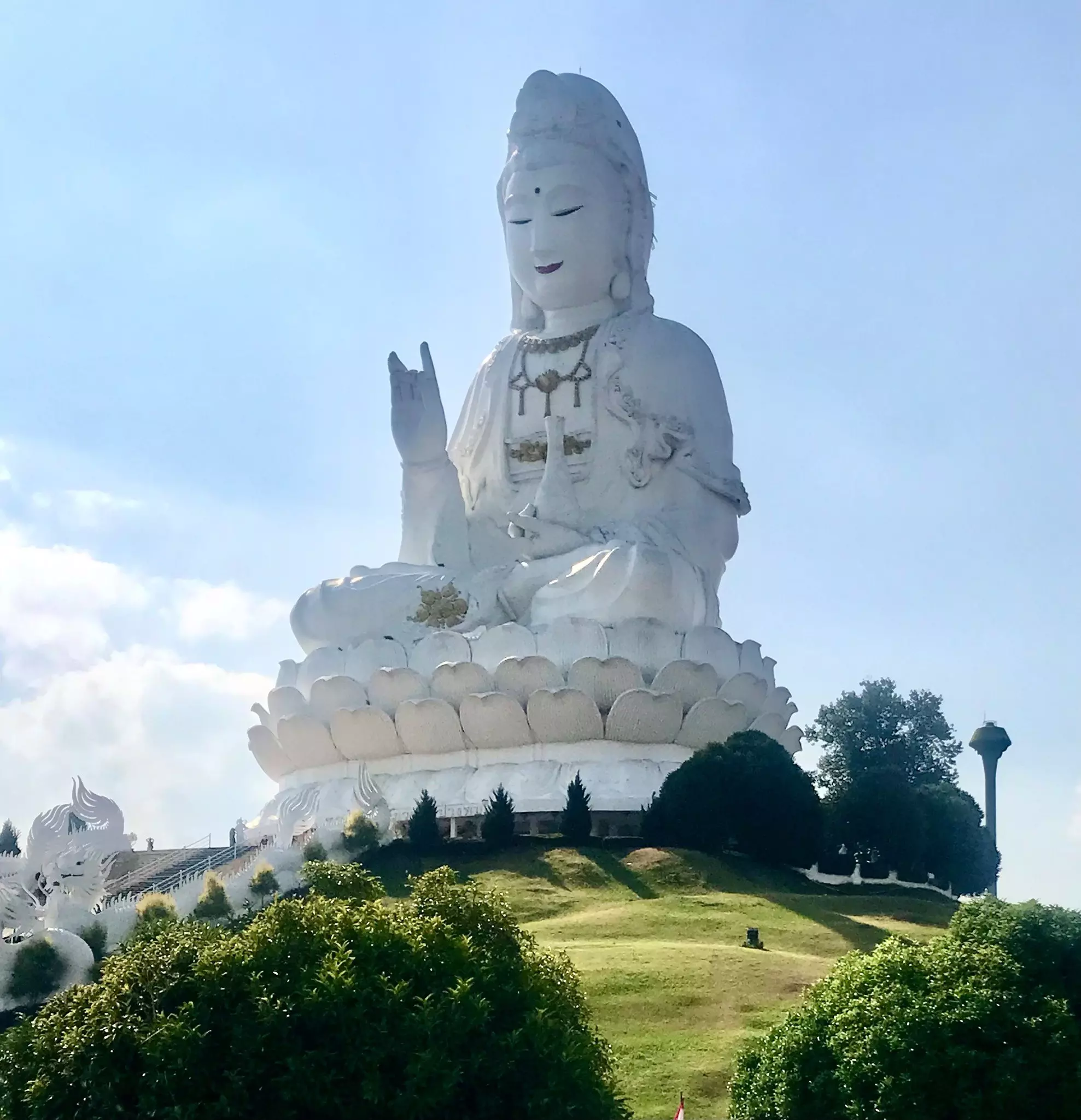The giant white Guanyin statue at Wat Huay Pla Kang in Chiang Rai, Thailand.