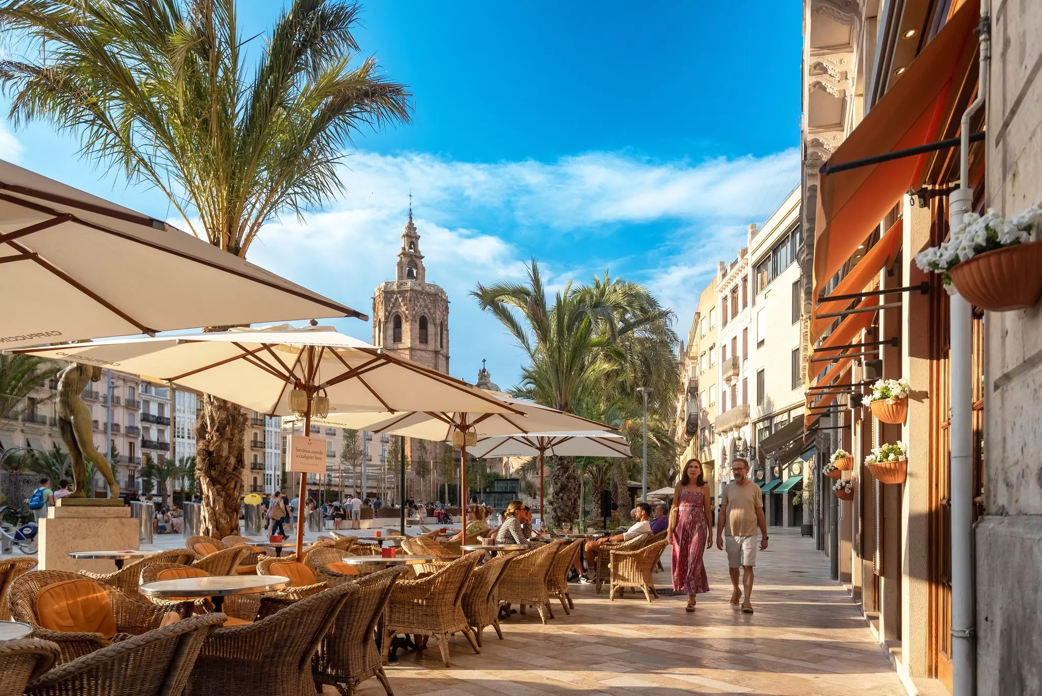 Panoramic scene at Plaza de la Virgen in Ciutat Vella area of Valencia Spain in the afternoon. 