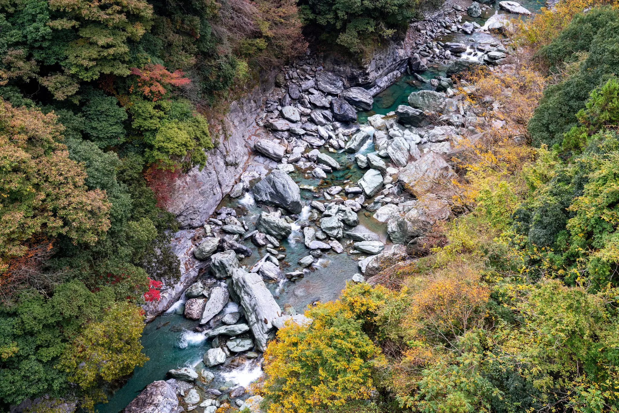 A rocky river surrounded by fall foliage
