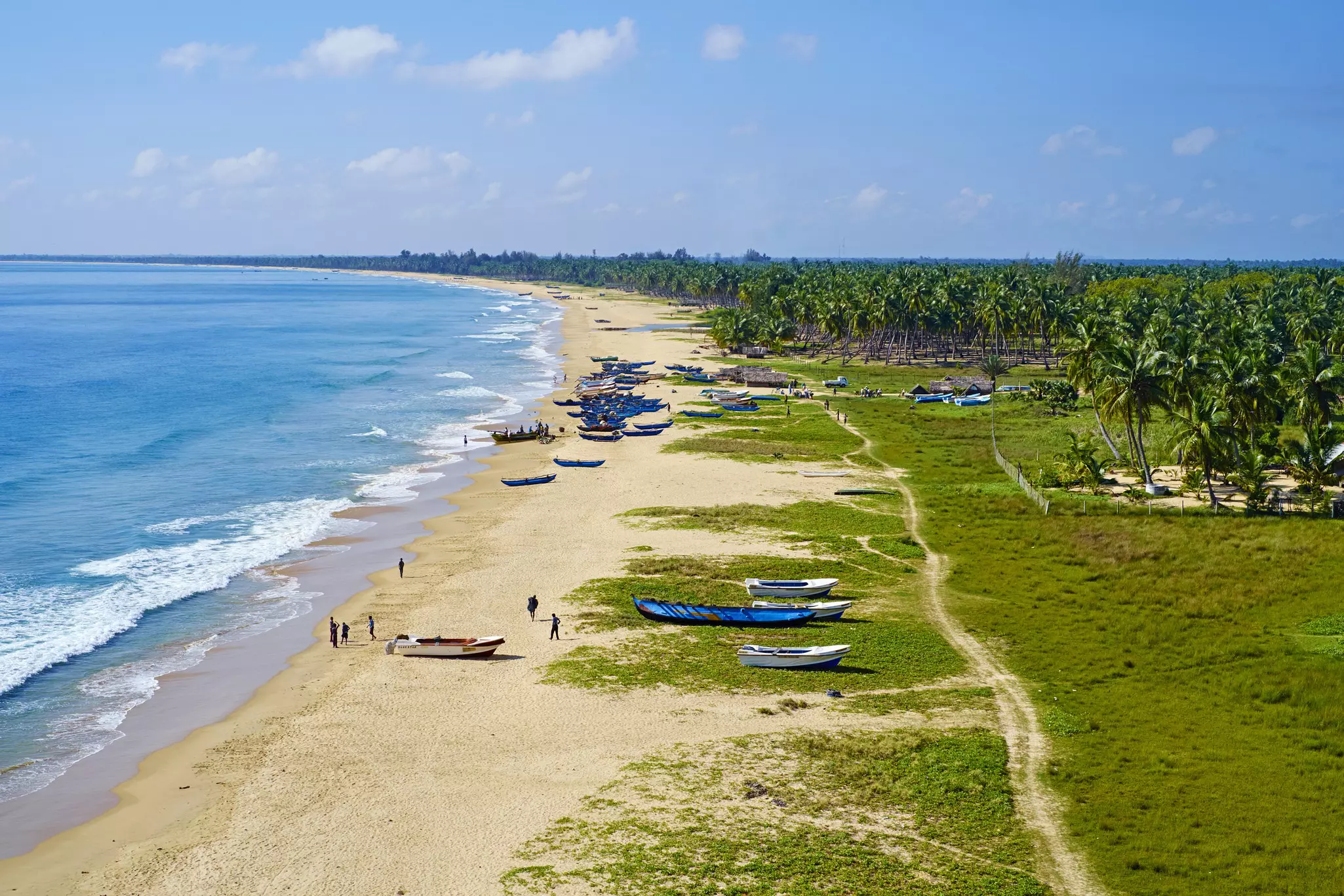 An aerial view of fishing boats on the sand and adjacent grass of a tropical beach. Fishermen can be seen on the sand, and groves of palm trees just inland.