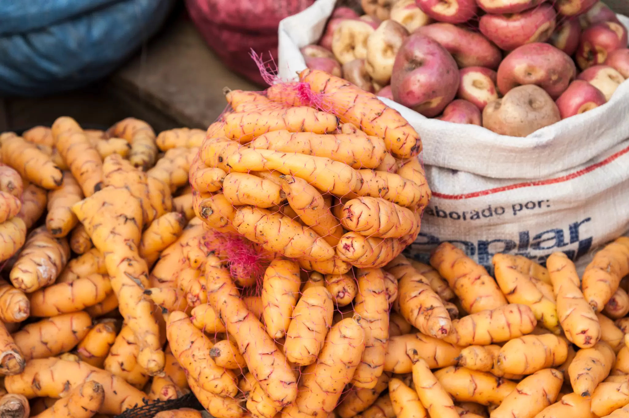 Different types of potatoes on display at Rodriguez market - La Paz, Bolivia.