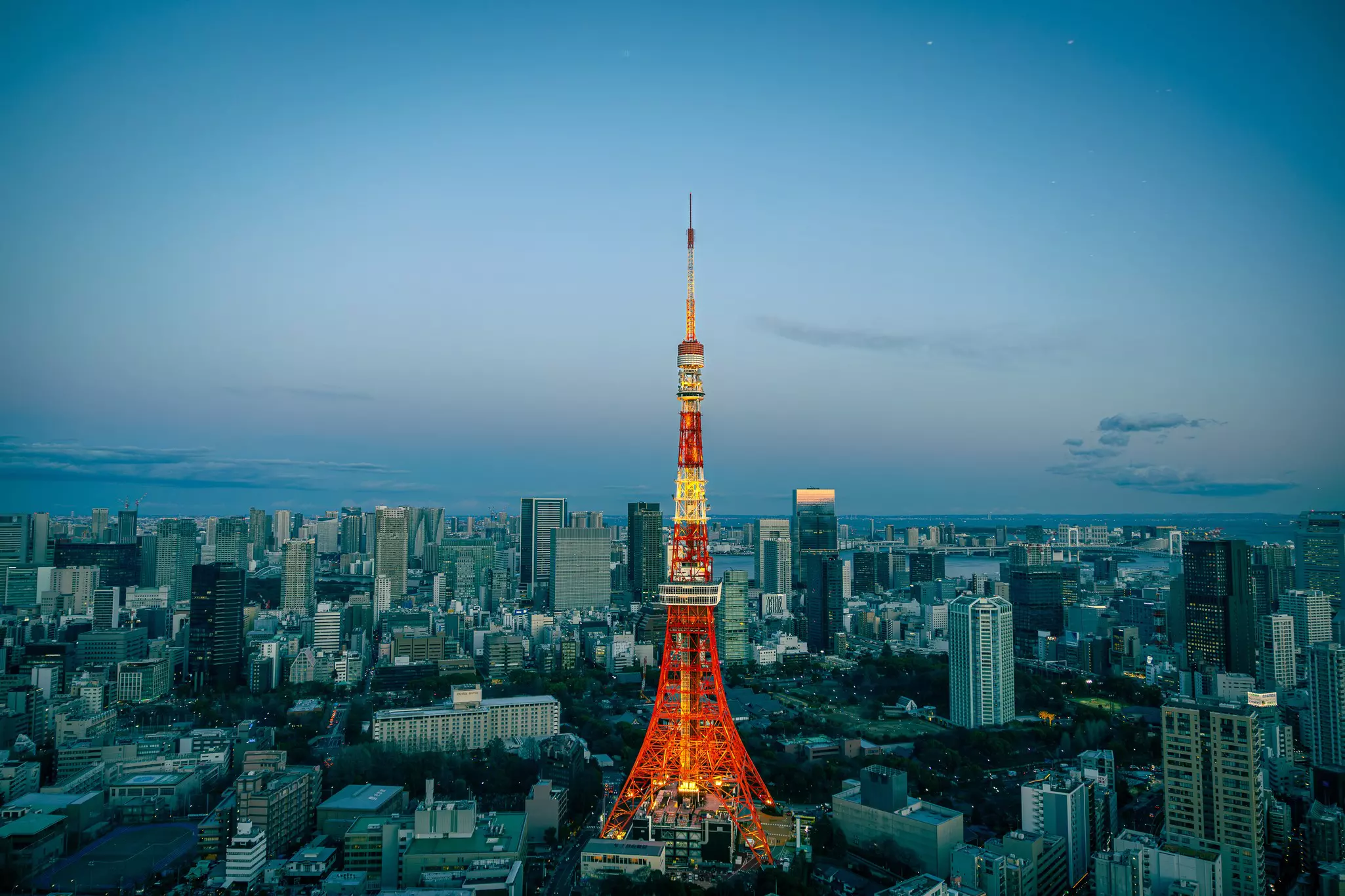 A red and white TV tower lit up at night among lower buildings