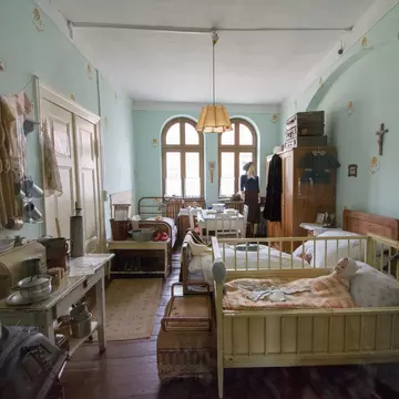 Kitchen interior of a tiny wooden home in Twentynine Palms, California