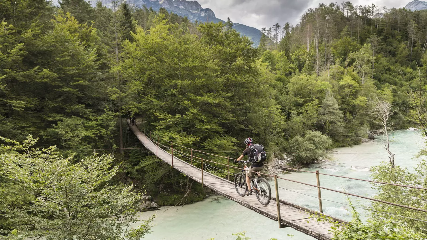 Crossing the Soča River in the Julian Alps, Slovenia