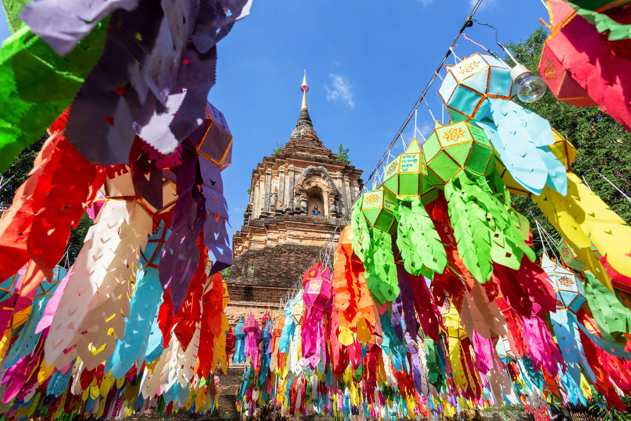 Colorful Lamp Festival and Lantern in Loi Krathong at Wat Lok Moli. Chiang Mai, Thailand.