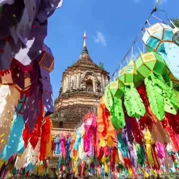 Colorful Lamp Festival and Lantern in Loi Krathong at Wat Lok Moli. Chiang Mai, Thailand.