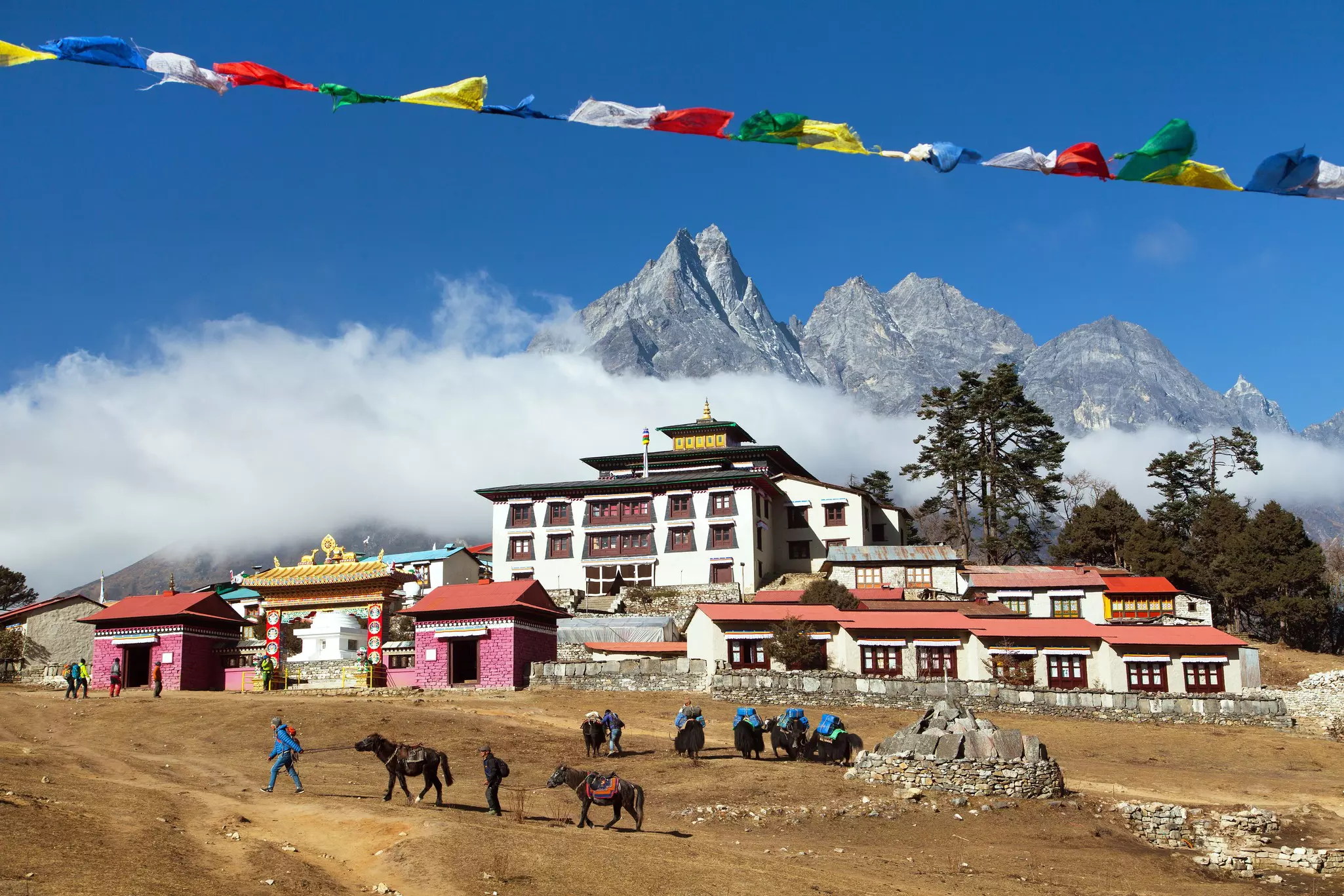 The Buddhist monastery at Tengboche on the trail to Everest Base Camp, with swirling cloud and mountains visible behind and pack animals in the foreground.
