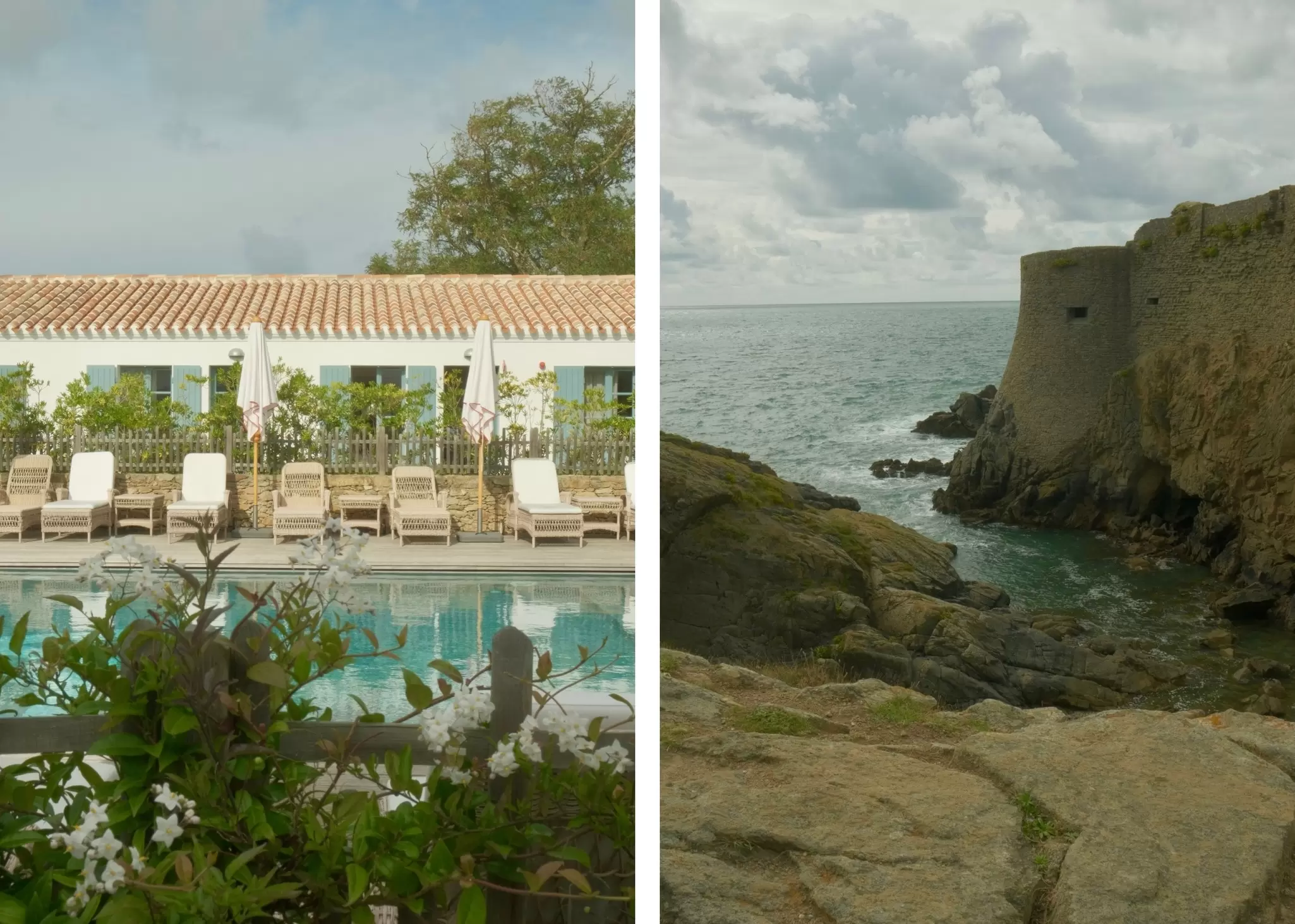 Left: Lounge chairs lined up by a hotel pool; right: a stone fort by a cove.