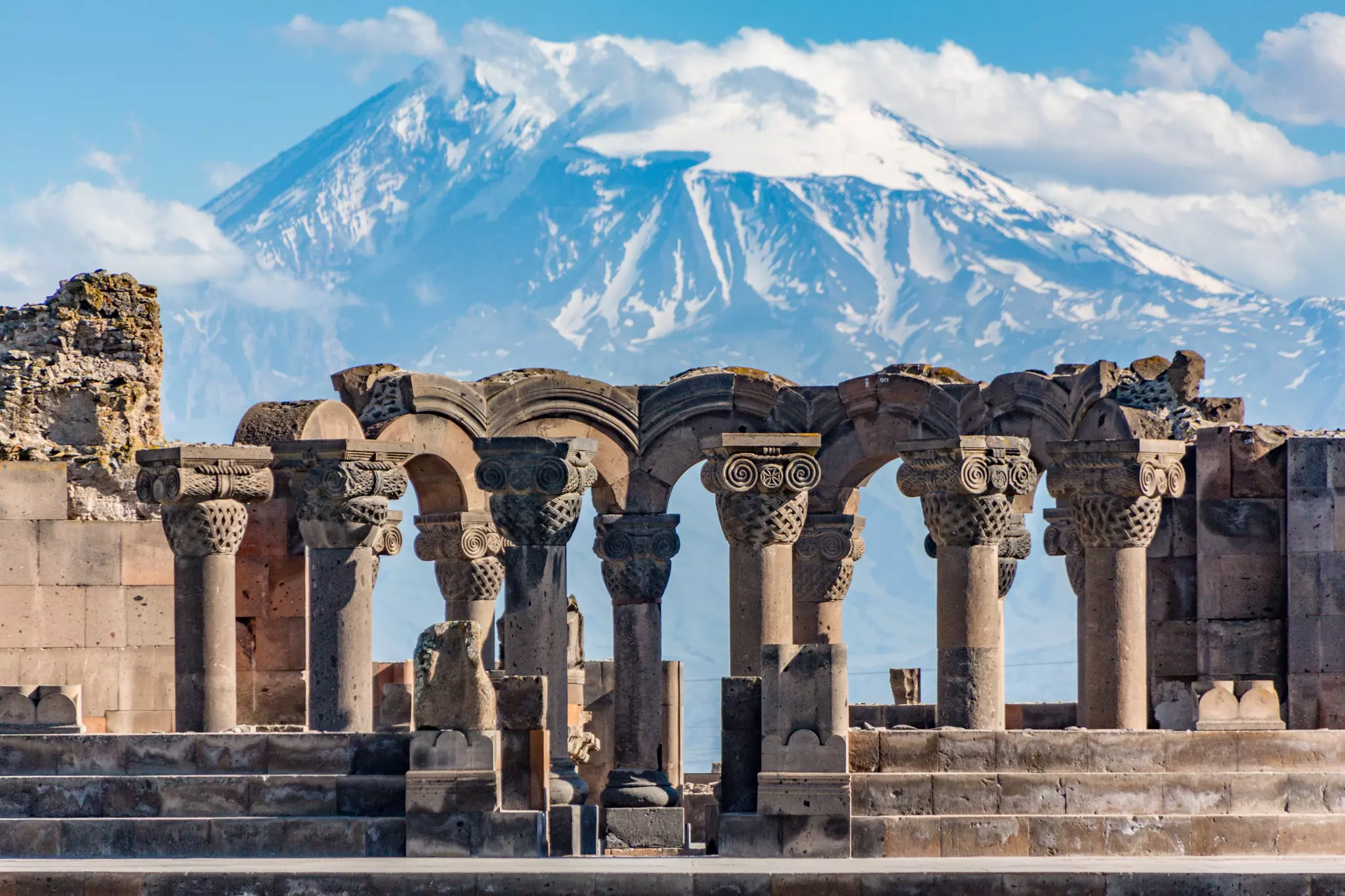Ruins of the Zvartnos temple in Yerevan, Armenia, with Mt Ararat in the background