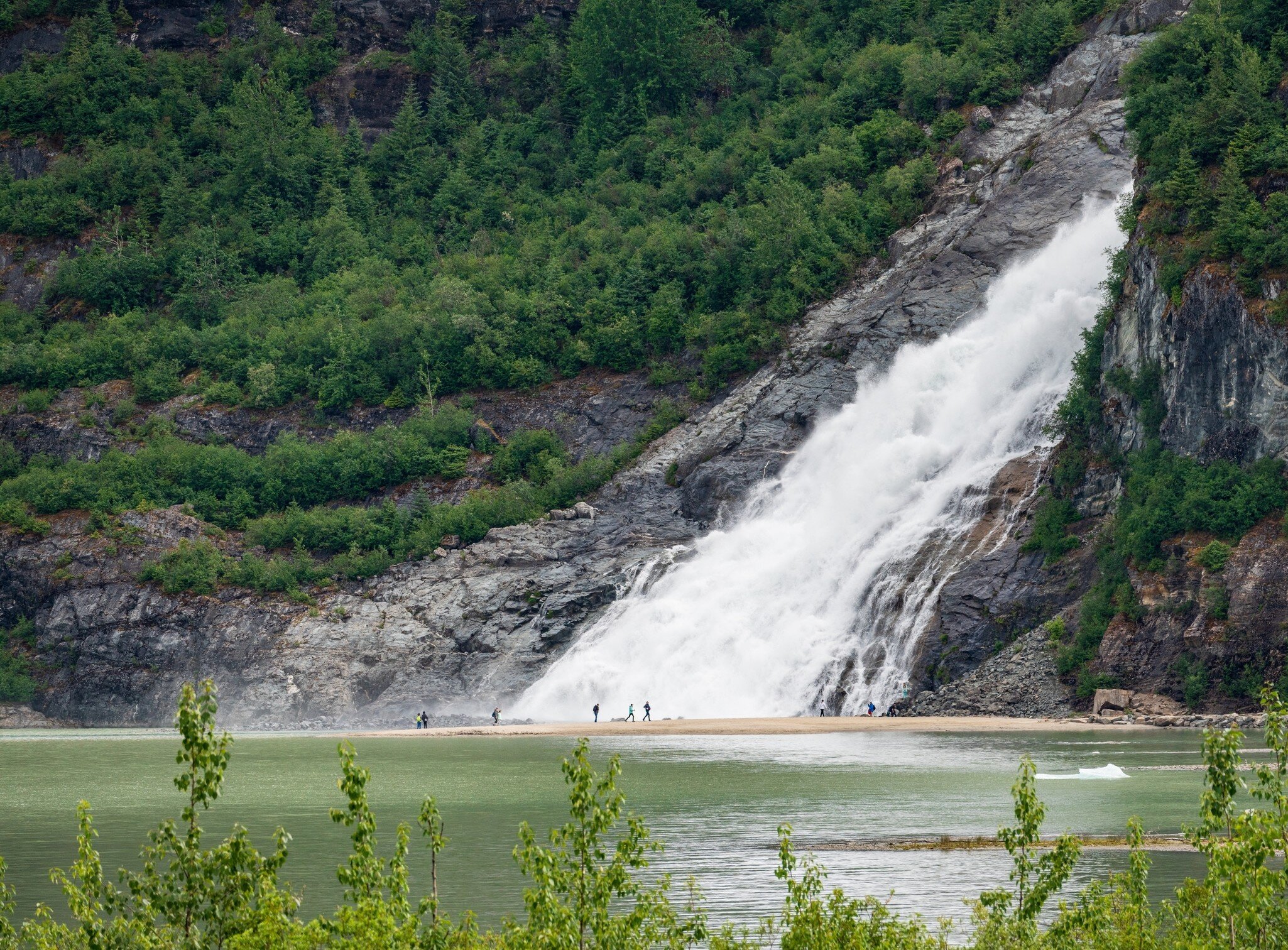 Nugget Creek falls cascade into Mendenhall Lake close to Juneau in Alaska; Shutterstock ID 2181780629;