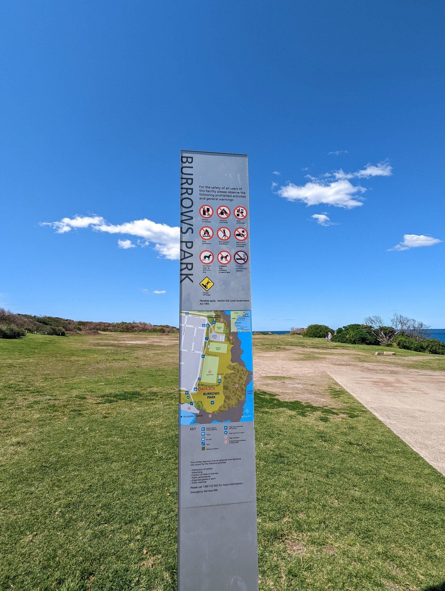  A sign at  Burrows park giving information to the people walking past. Clovelly, Sydney, Australia.