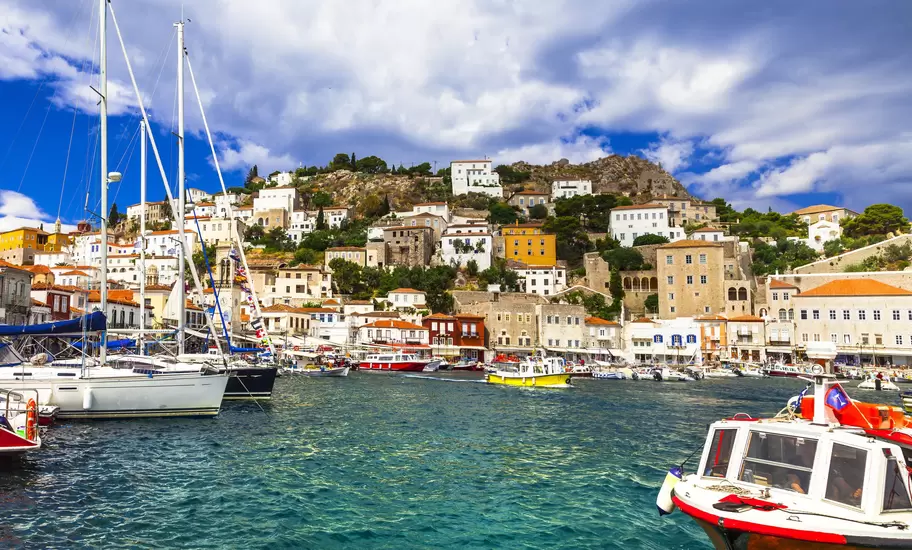 View of boats by the port of the island of Hydra in Greece.