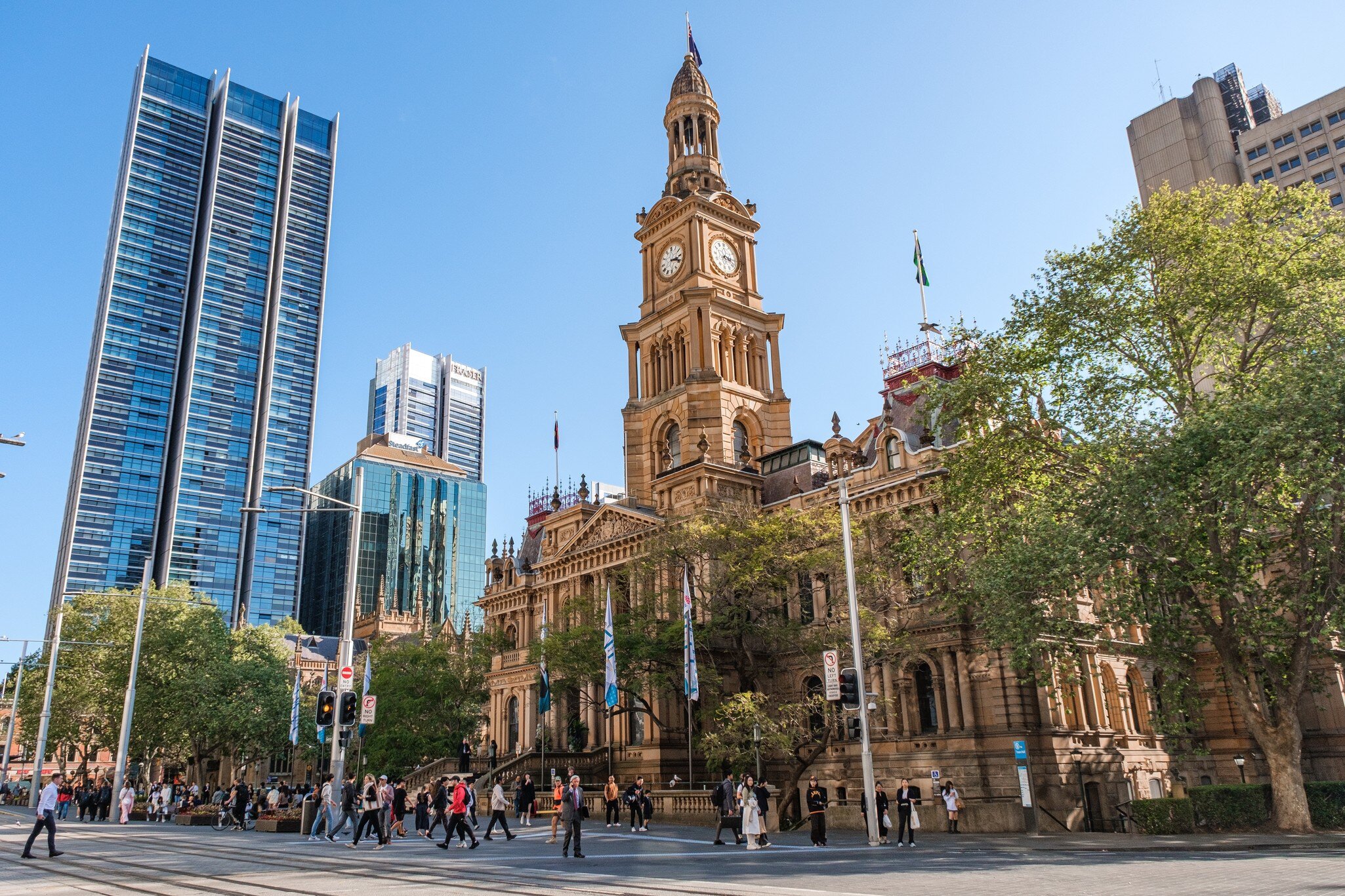 Exterior of Sydney Town Hall, a heritage building in downtown Sydney, Australia.