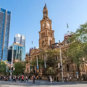 Exterior of Sydney Town Hall, a heritage building in downtown Sydney, Australia.