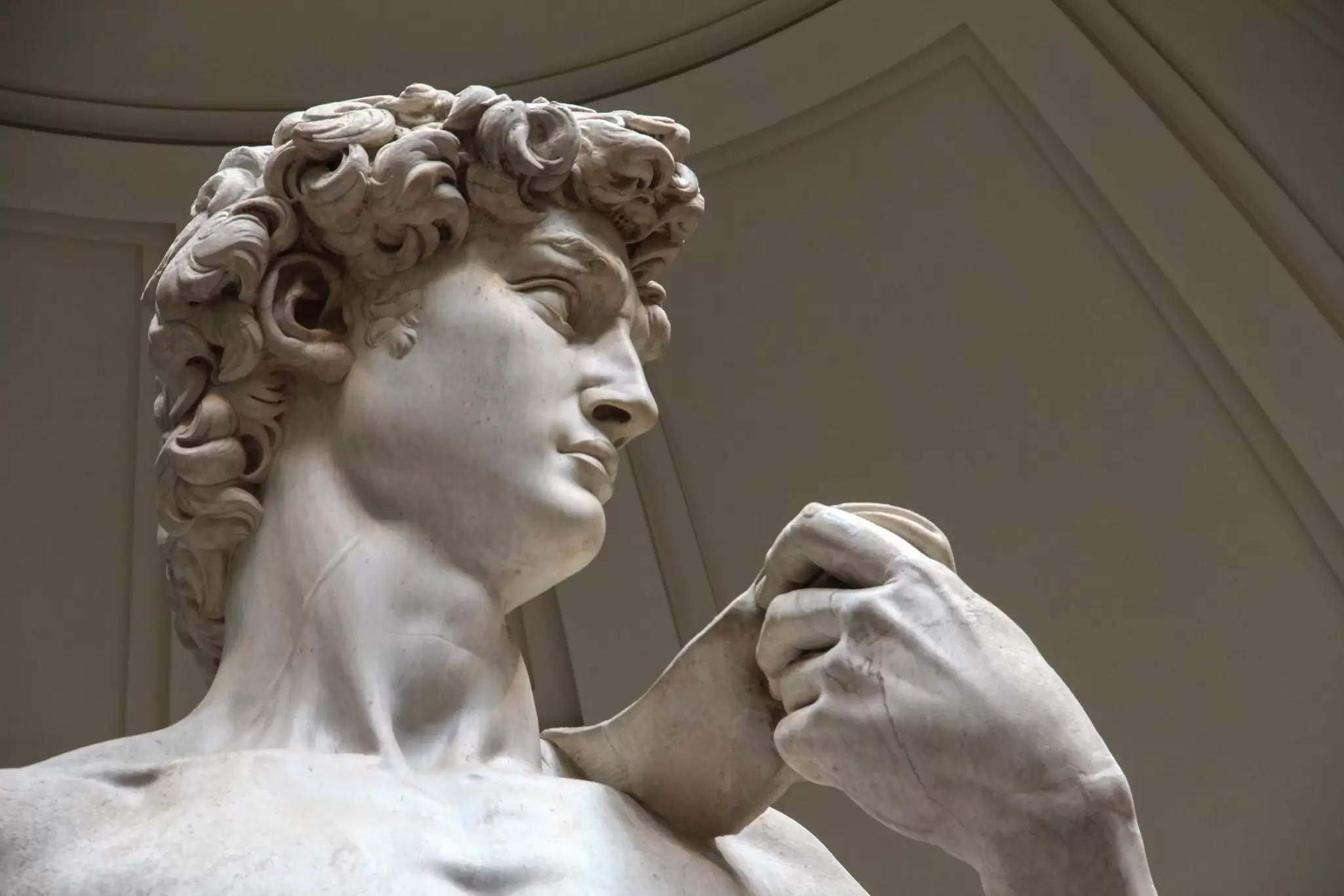 Details of Michelangelo's statue of David at the Galleria dell’Accademia in Florence, Italy.