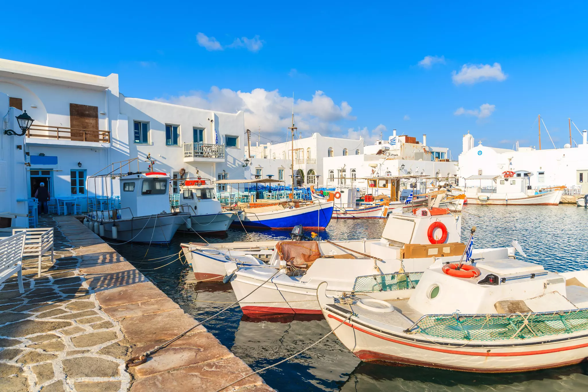 Traditional fishing boats in Naoussa port, Paros island, Greece