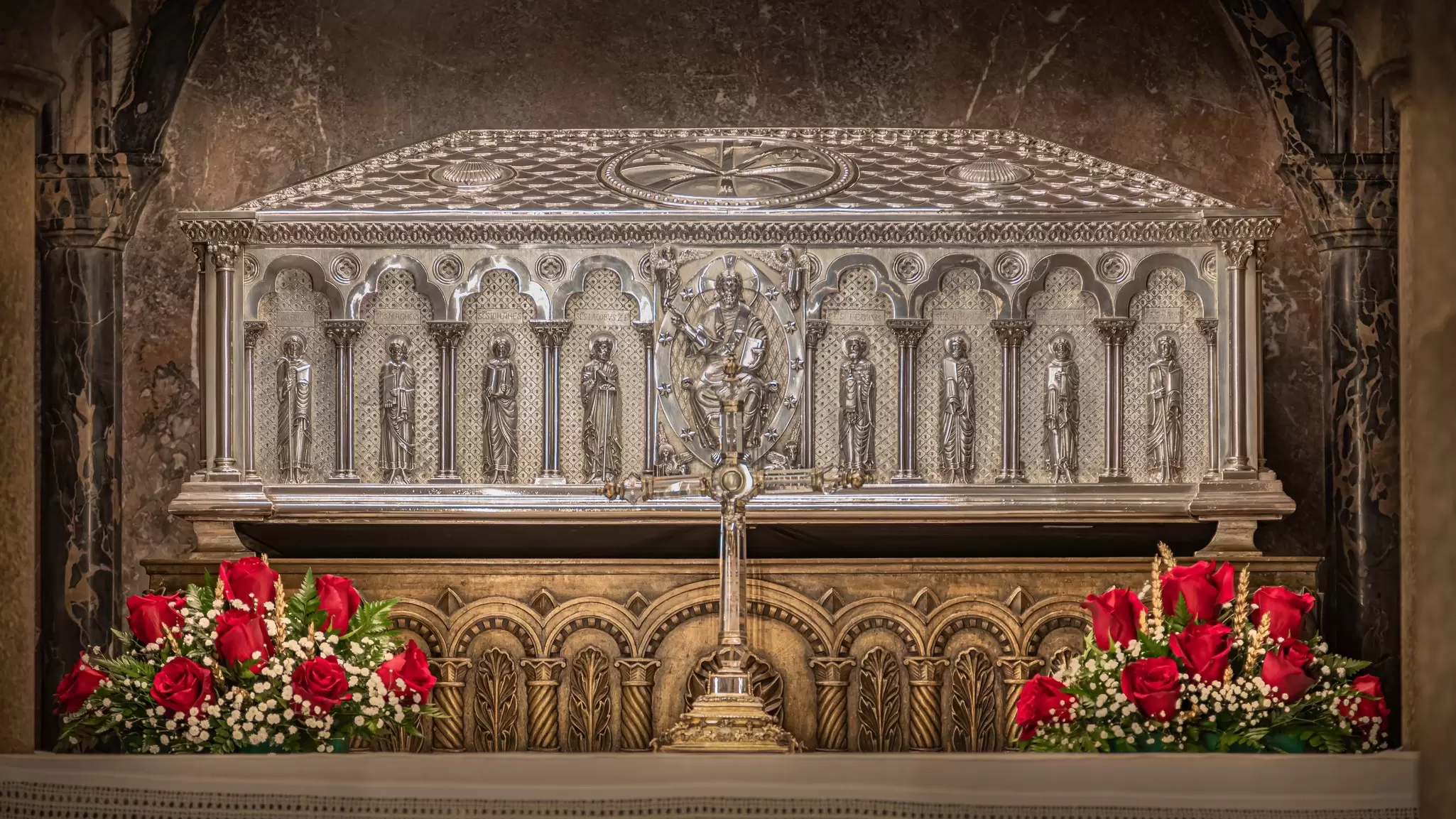 View of the silver casket said to contain Santiago the Apostle's remains in the Catedral de Santiago de Compostela in Spain.