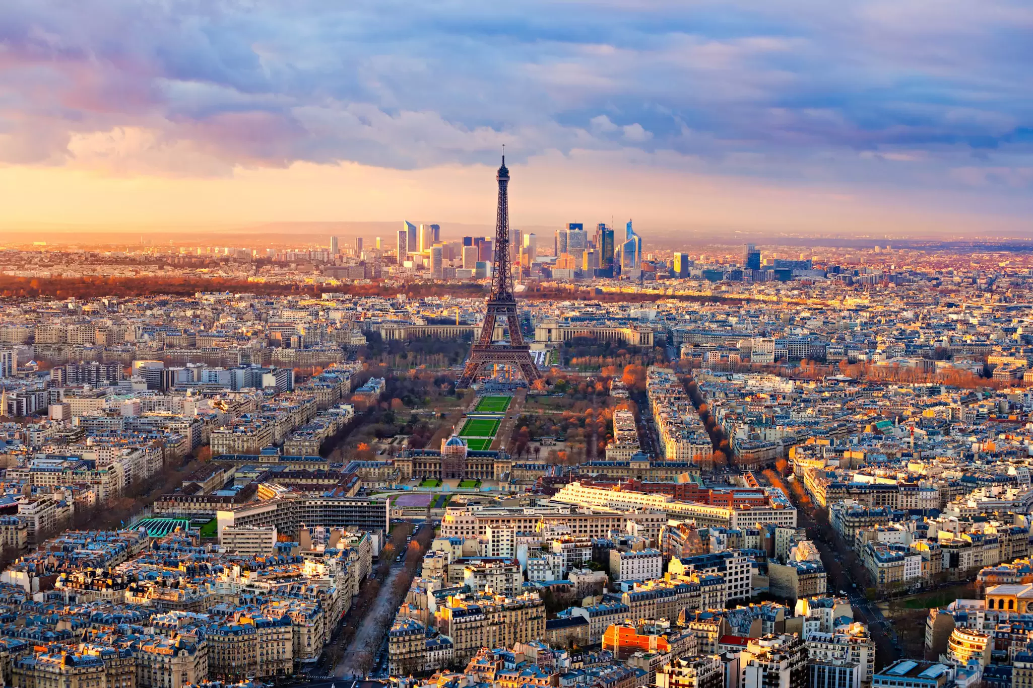 Aerial view of Paris at sunset.