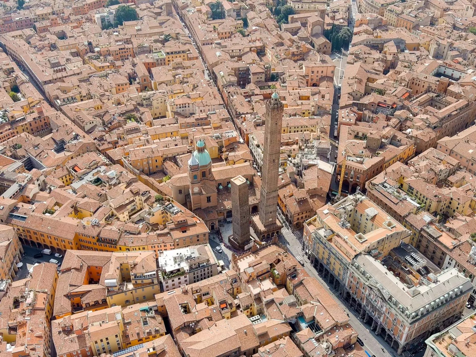 Bologna, Italy. Old Town. Two Towers. (Le due Torri) Garisenda and degli Asinelli. Towers from the 12th century. Summer, Aerial View  , License Type: media, Download Time: 2025-12-01T16:26:37.000Z, User: dermothegarty77, Editorial: false, purchase_order: 56530 - Guidebooks, job: Global Publishing WIP, client: Western Europe 16, other: Dermot Hegarty
