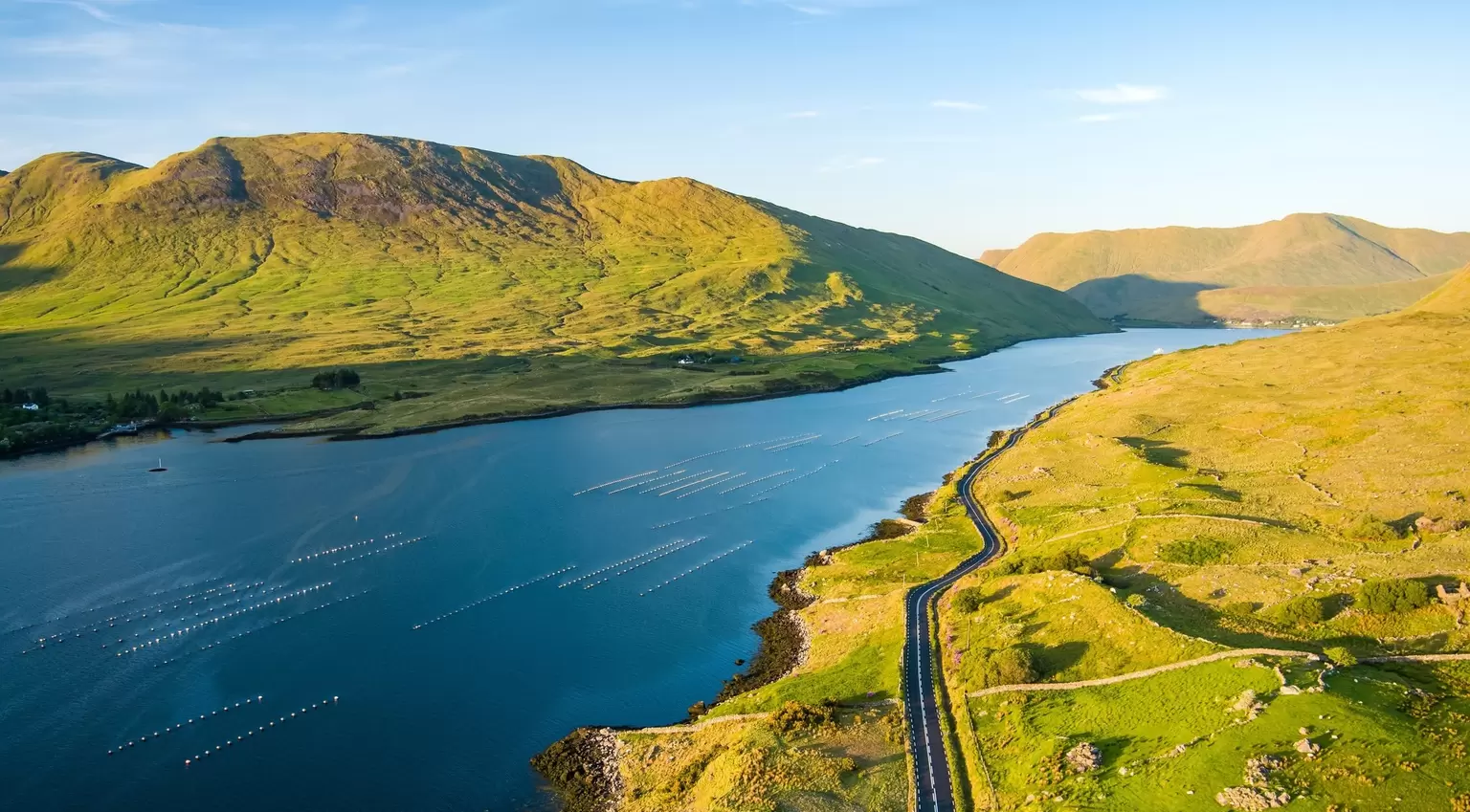 Aerial view of Killary Fjord near Leenane on the Galway Mayo border, Ireland. Irelands only fjord winds through the dramatic Connemara and Mayo mountain landscape, Ireland
