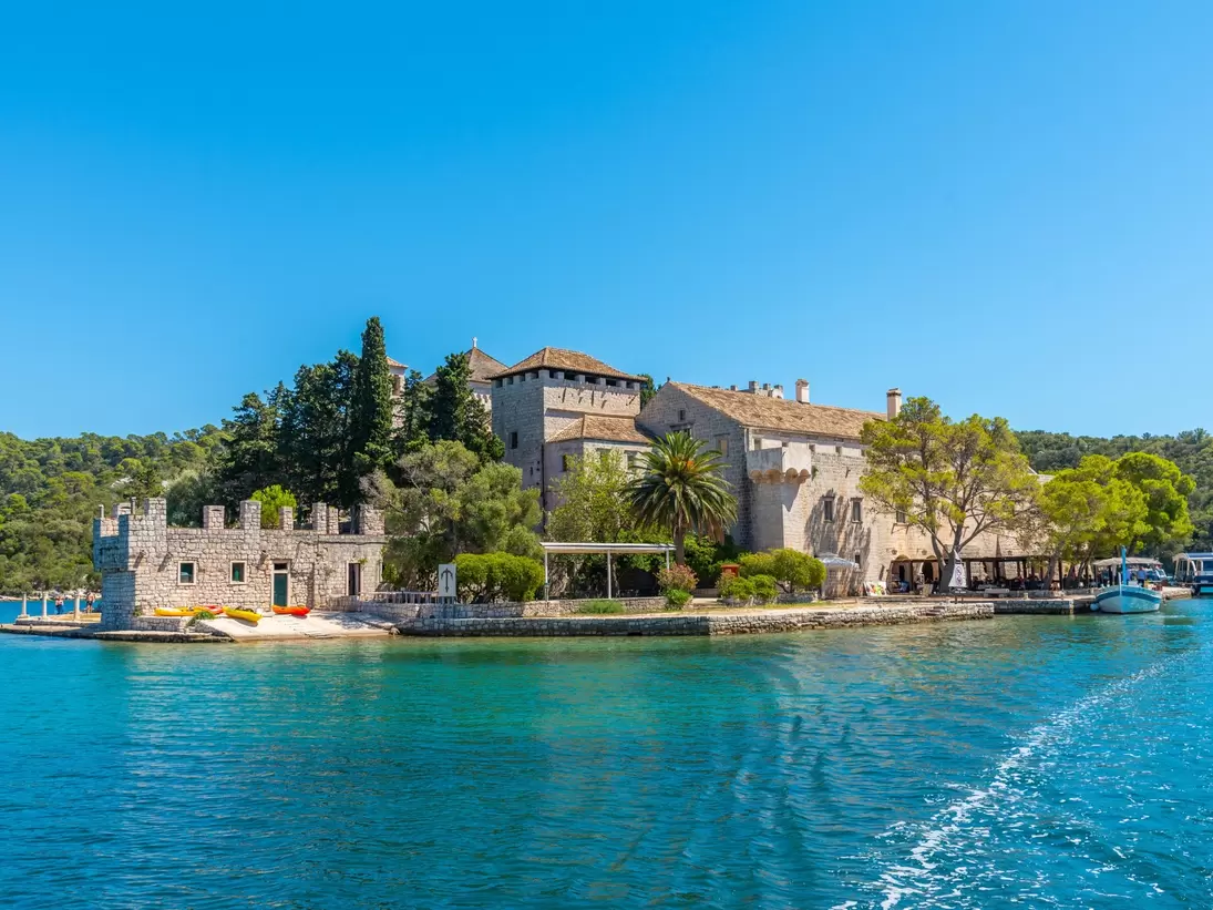 Small island with benedictine monastery of Saint Mary at Mljet national park in Dubrovnik, Croatia.