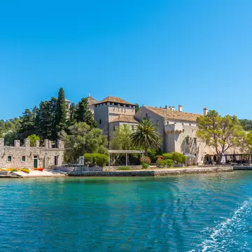 Small island with benedictine monastery of Saint Mary at Mljet national park in Dubrovnik, Croatia.
