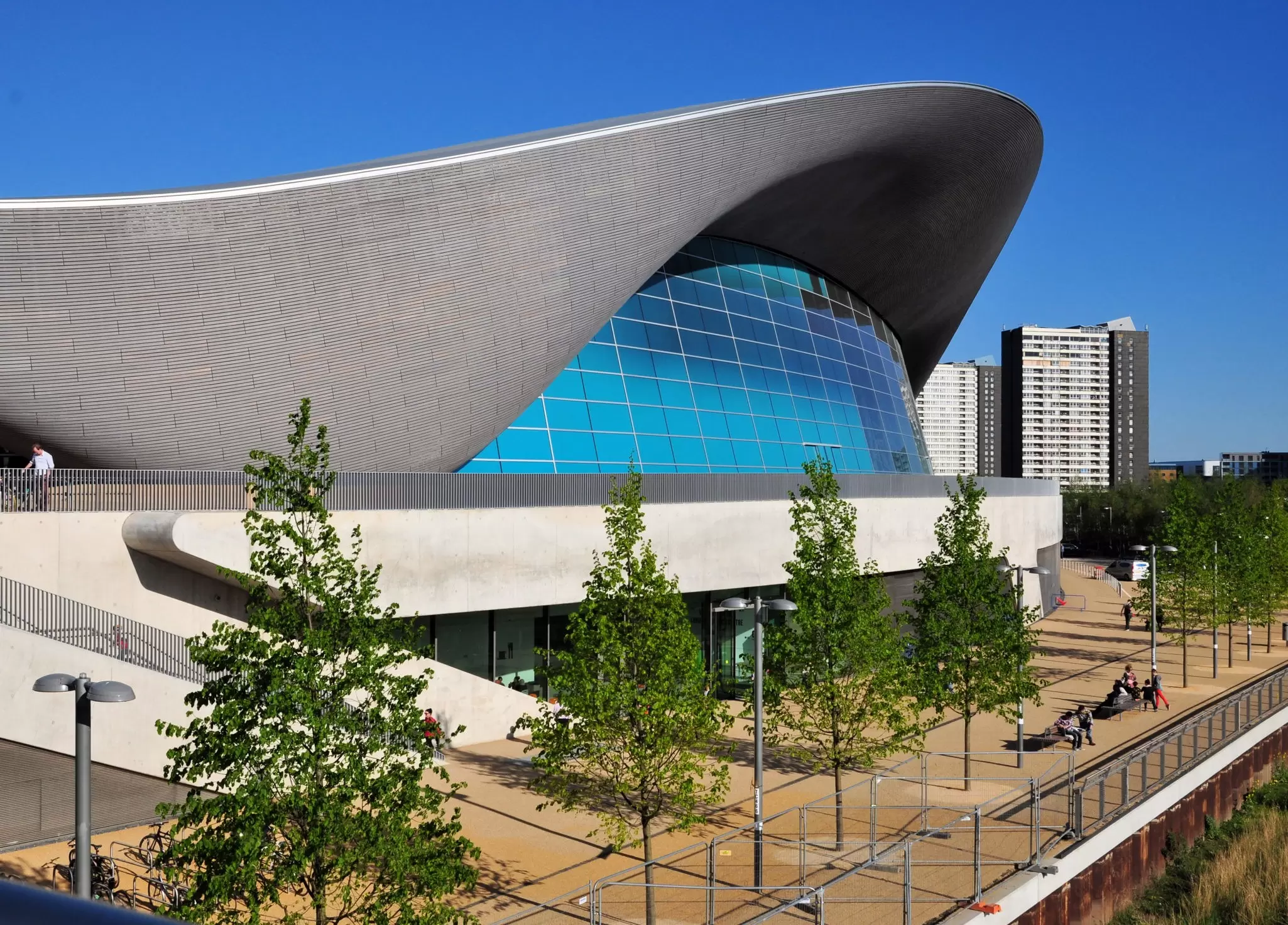 Exterior view of the Aquatics Centre at the Queen Elizabeth Olympic Park in London, UK.