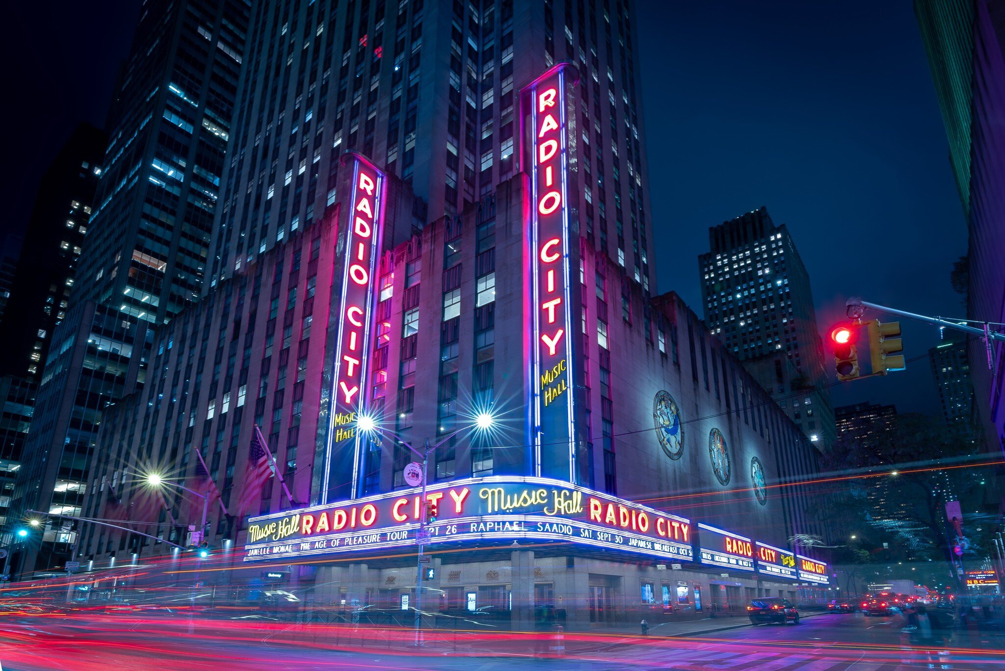 09.19.23. New York city, USA. illuminated Radio city music hall in Midtown of NYC near by Rockefeller center. Famous theater in Manhattan.  License Type: media  Download Time: 2023-11-24T16:38:10.000Z  User: FergalCo  Is Editorial: Yes  purchase_order:   