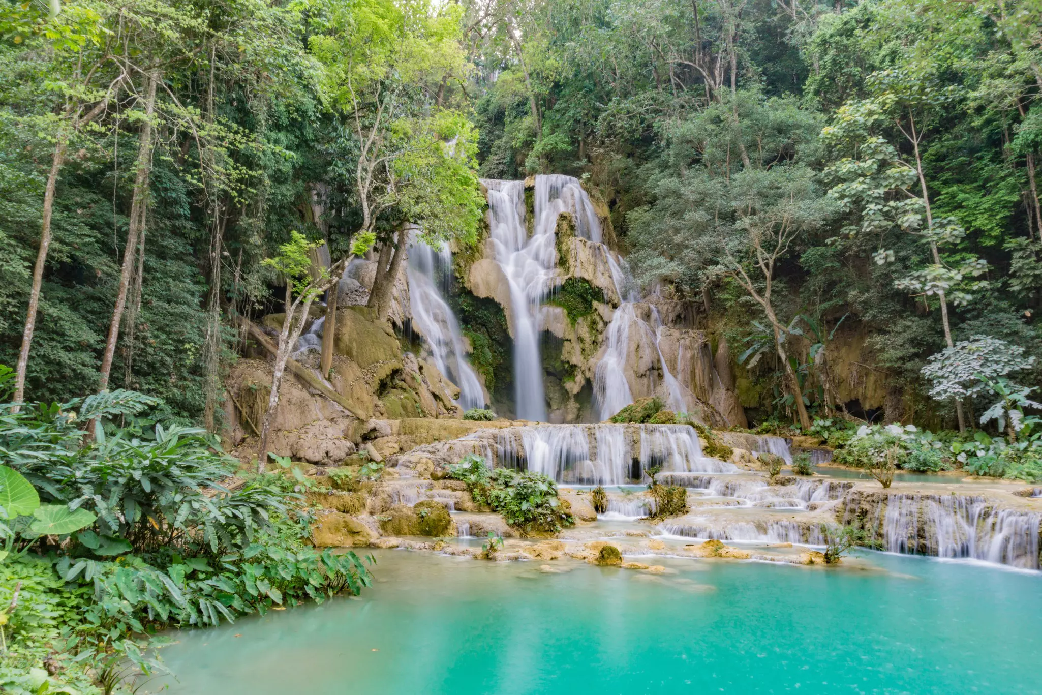 Waterfalls plunging into a turquoise pool in jungle.