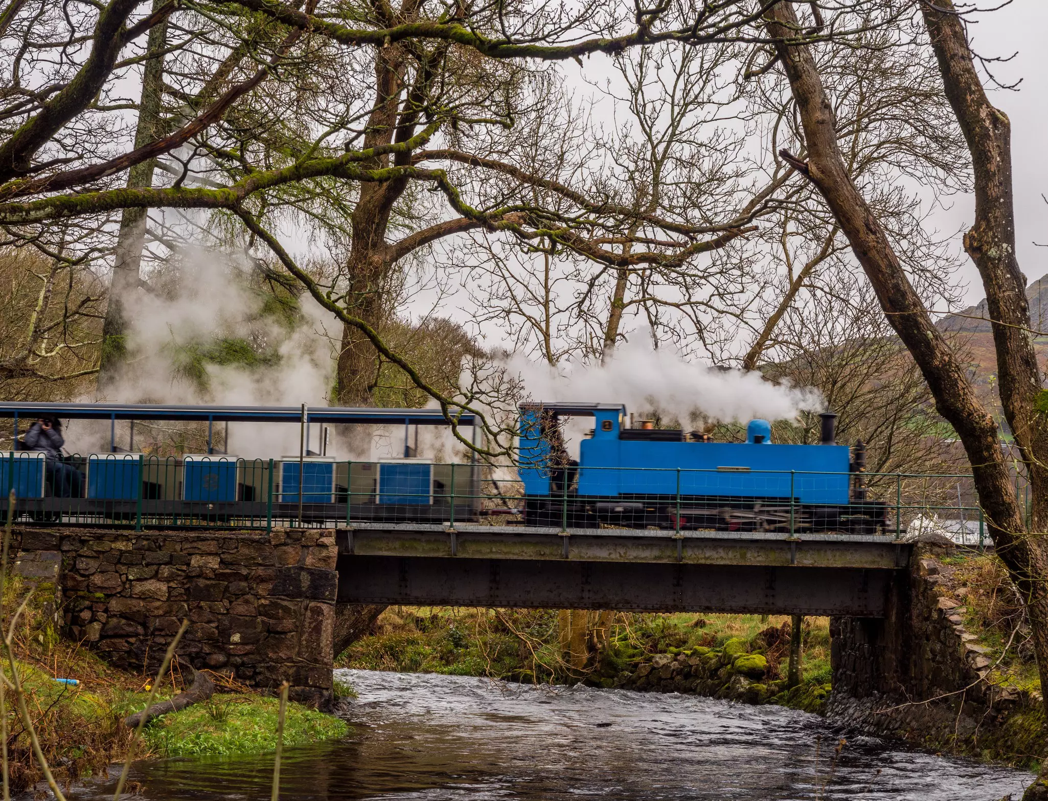 Steam train running through the countryside on the Ravenglass and Eskdale Steam Railway, Ravenglass, Cumbria, UK