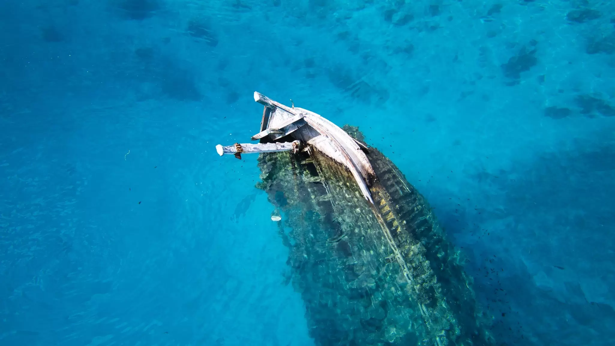 The front of a wooden ship sticks out above the blue ocean in tropical waters near Fulidhoo