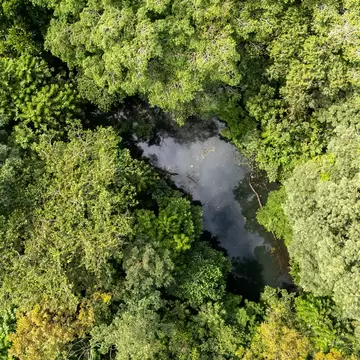 Aerial of a small dark pond reflecting clouds, ringed by thick green tropical tree canopy near La Fortuna, Costa Rica