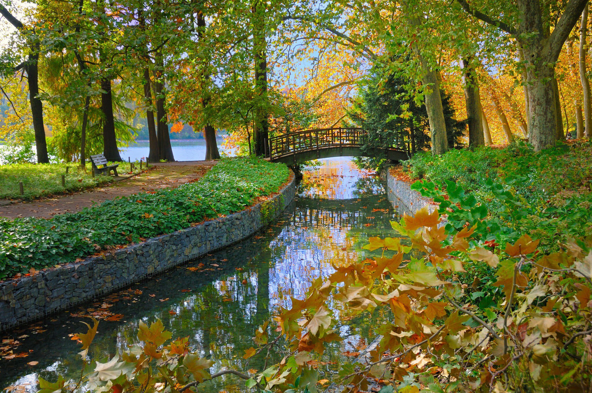 A bridge over a stream leading into the lake at Golden Head Park during spring. Lyon, France.