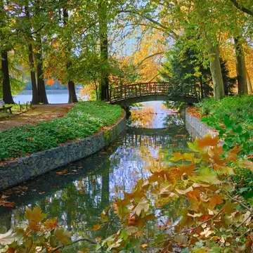 A bridge over a stream leading into the lake at Golden Head Park during spring. Lyon, France.