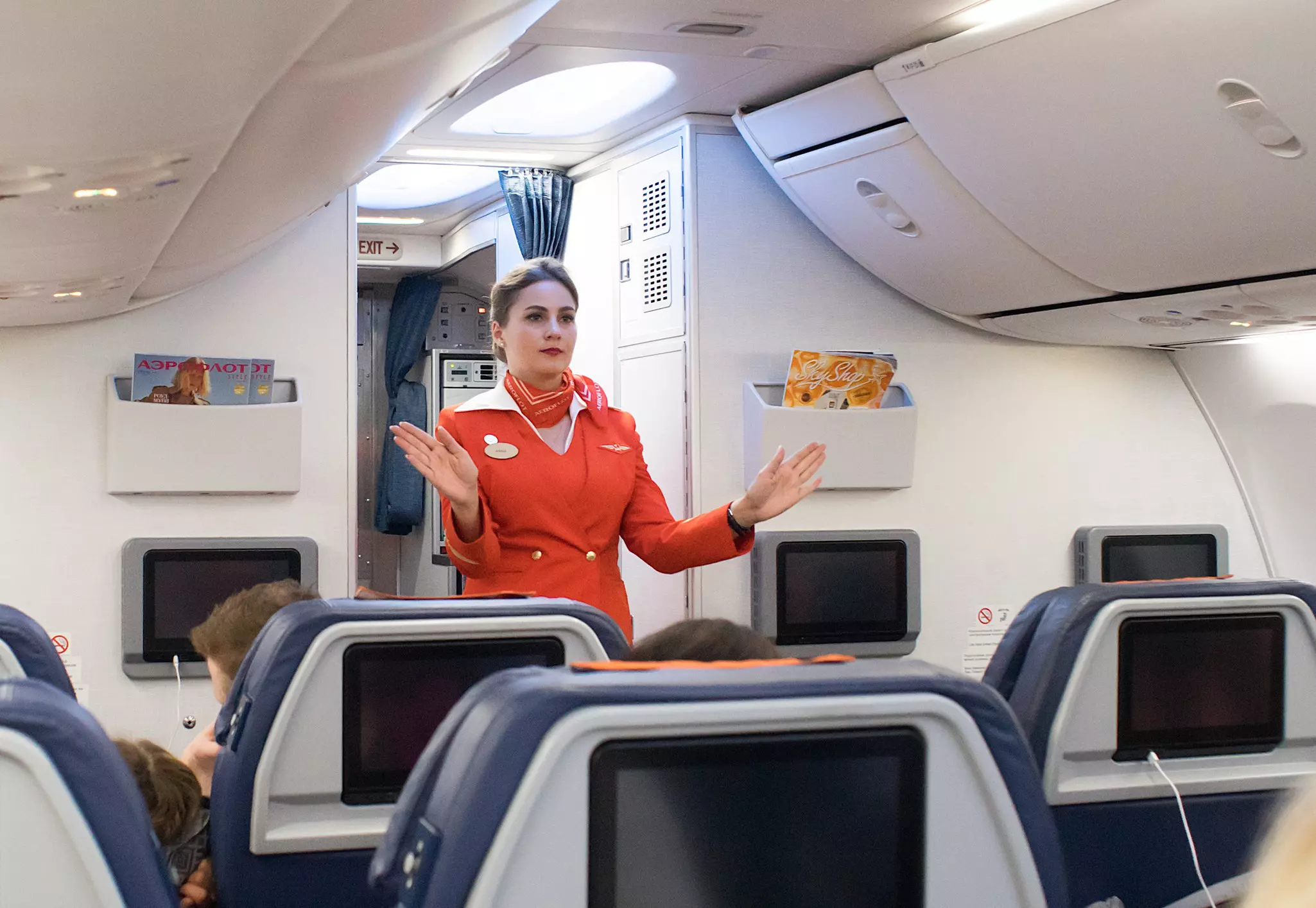 Pre-flight briefing flight attendant Aeroflot Russia.
