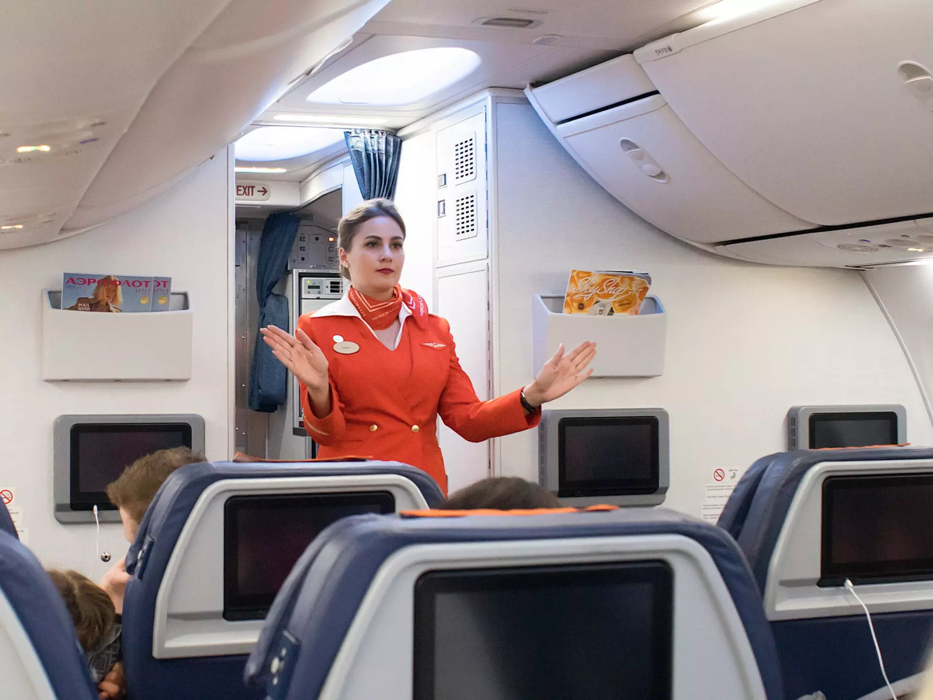 Pre-flight briefing flight attendant Aeroflot Russia.