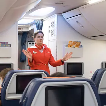Pre-flight briefing flight attendant Aeroflot Russia.