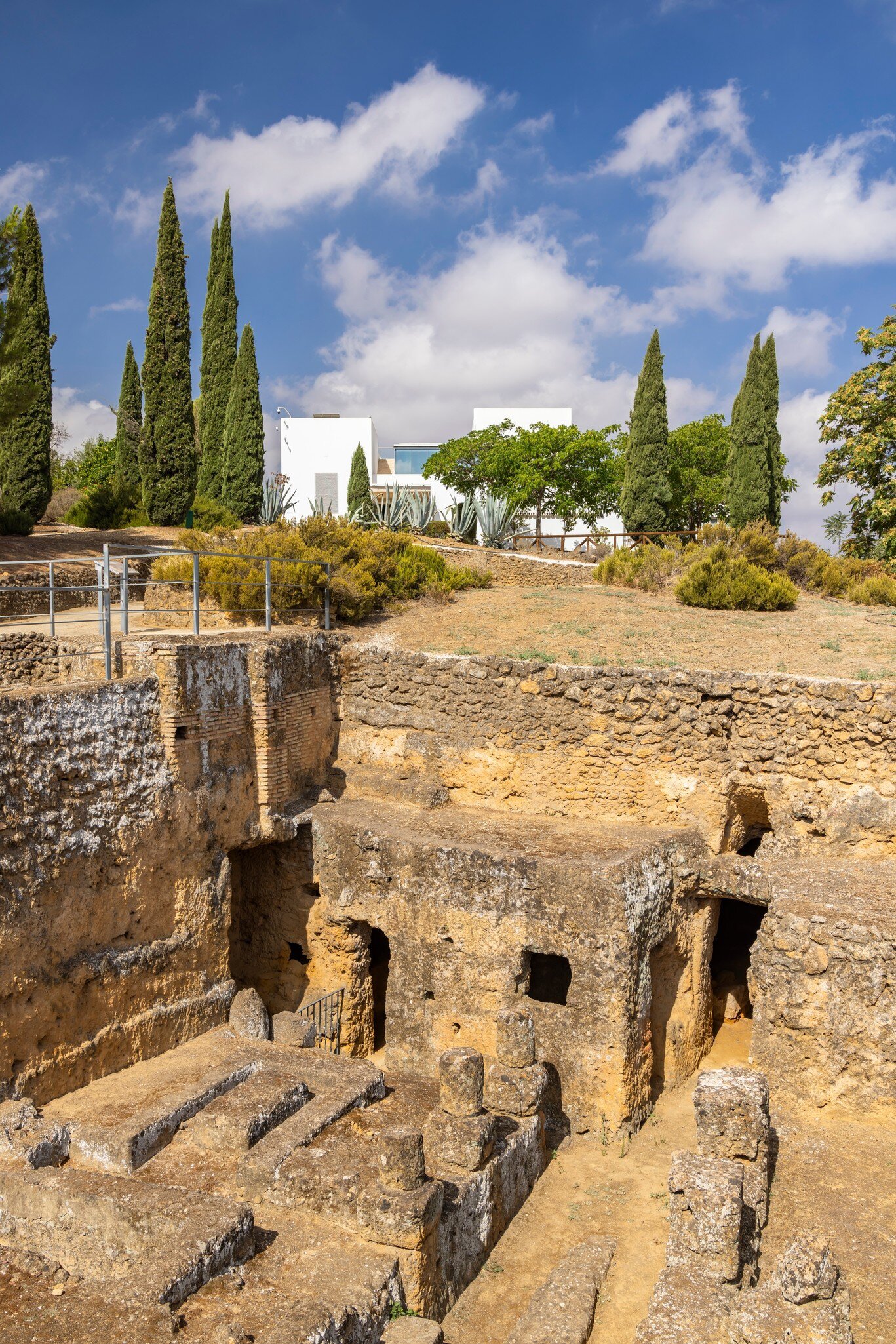 View of the ruins of the Roman necropolis of Carmona in the Andalusian countryside near Seville, Spain.