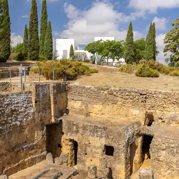 View of the ruins of the Roman necropolis of Carmona in the Andalusian countryside near Seville, Spain.