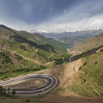 View over the winding roads and mountains between Tashkent and Fergana Valley in Uzbekistan