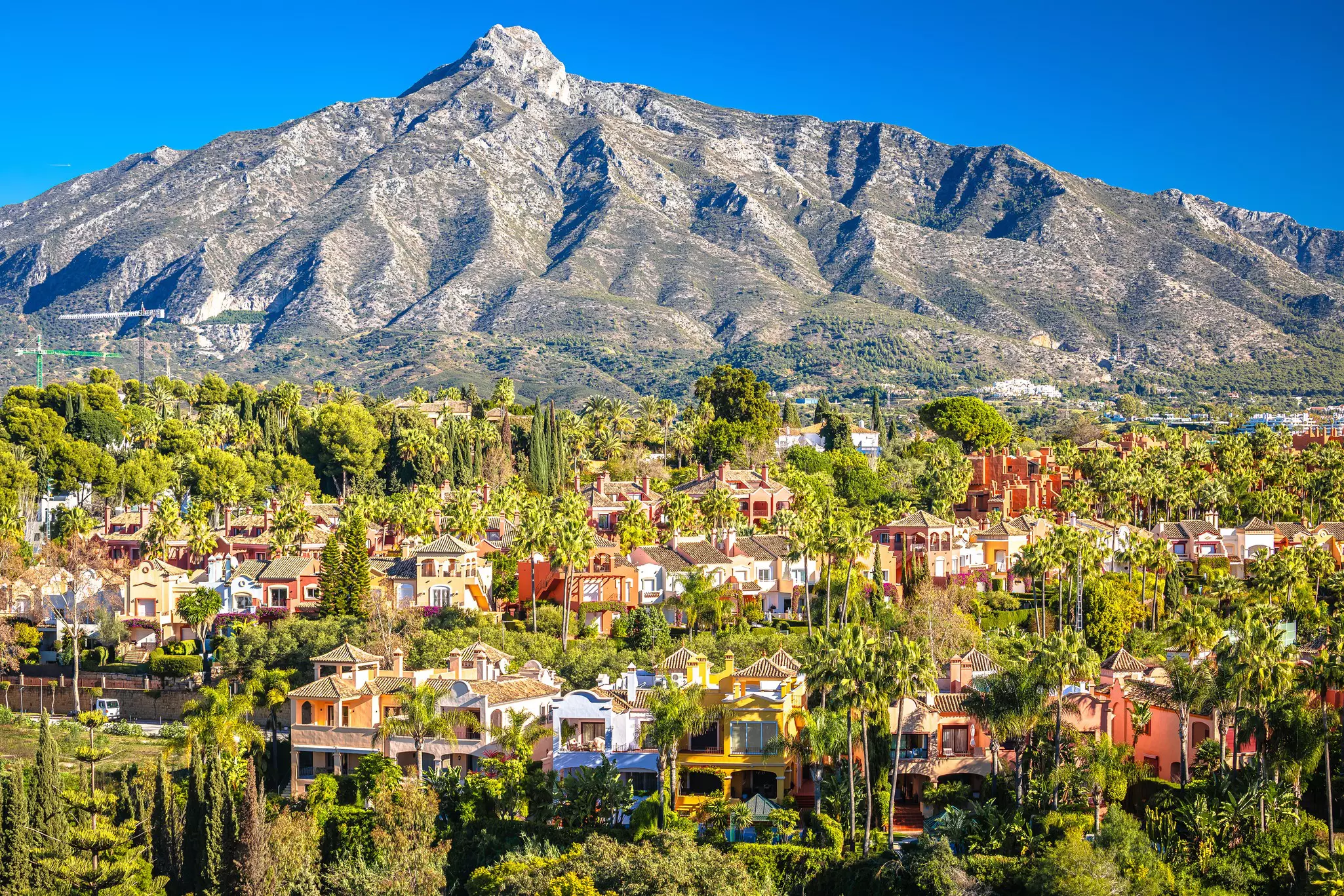 Multicolored houses are set within trees that reach to the base of a mountain range in Spain.