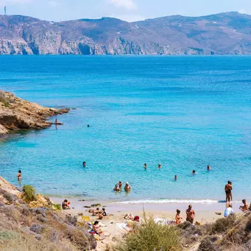 Agios Sostis, a wild and free beach in the north of Mykonos.