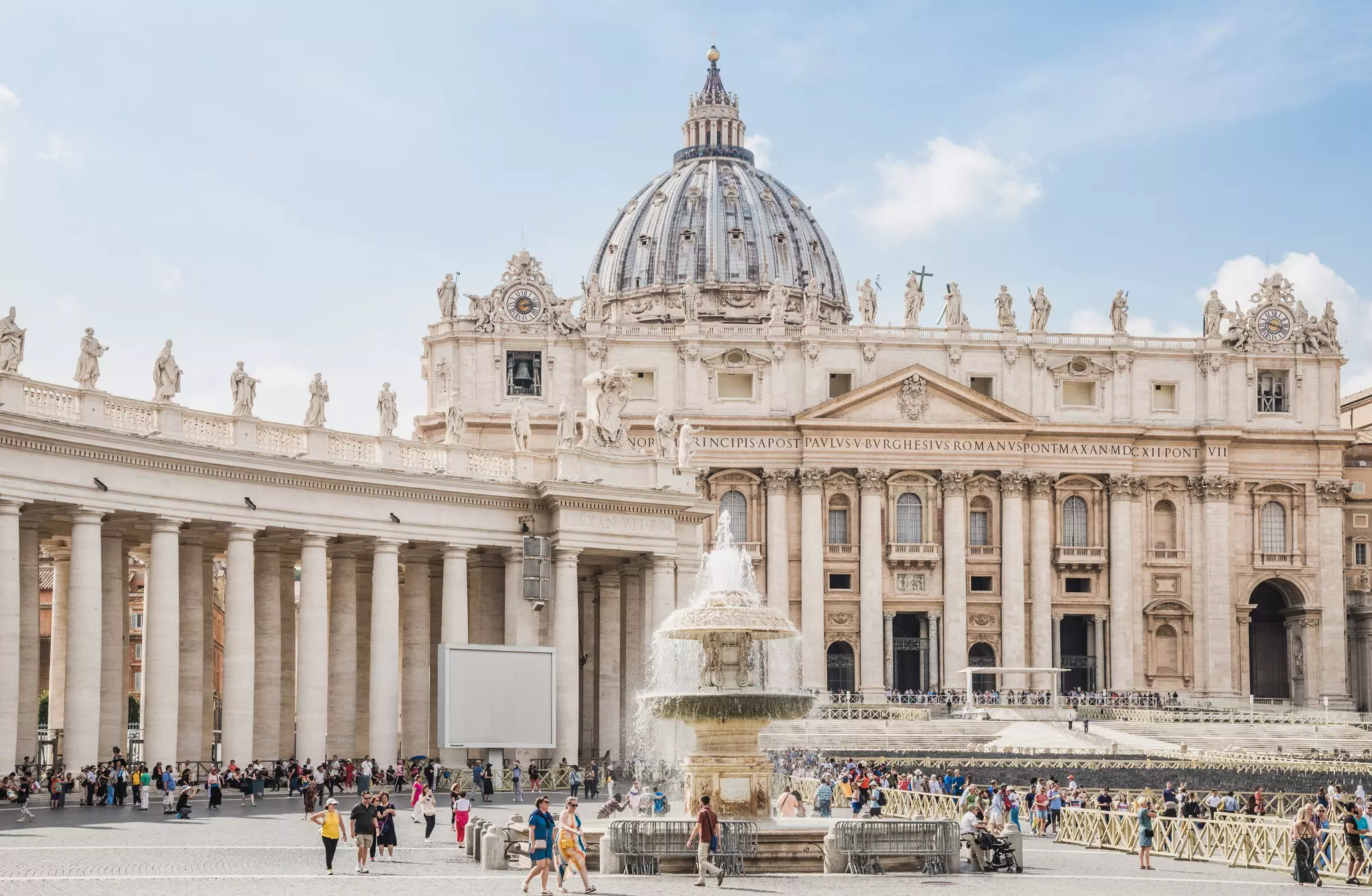 View of square of St. Peter and basilica of St. Peter in Vatican at sunny day, Rome, Italy,