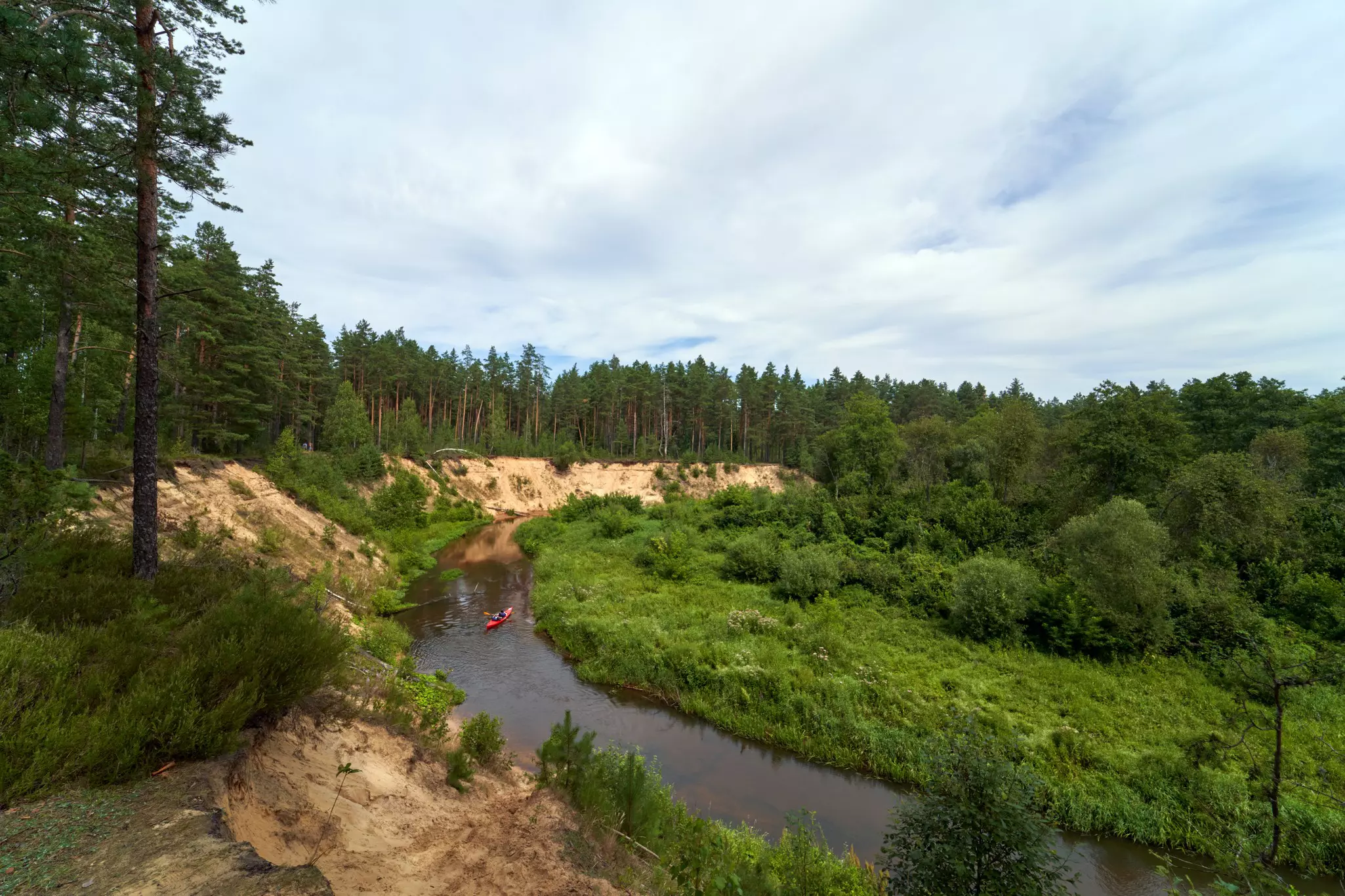 A kayaker paddles on a river bed in a densely wooded area.