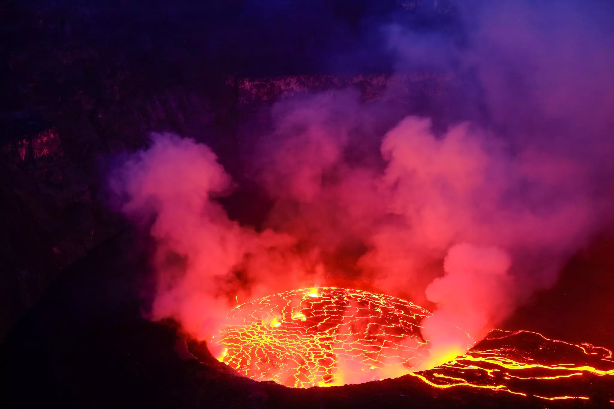 Lava and steam in a crater of Nyiragongo volcano in Virunga National Park in the Democratic Republic of Congo.
