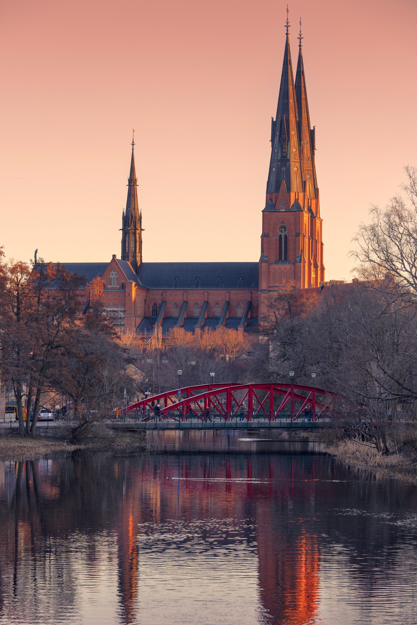 Uppsala Cathedral on a spring evening viewed from Fyrisån