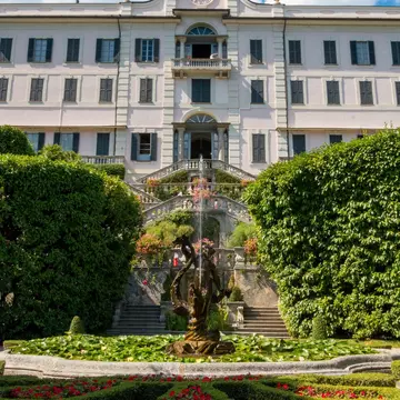 The beautiful exterior of the famous Villa Carlotta seen from the main entrance, Tremezzo.